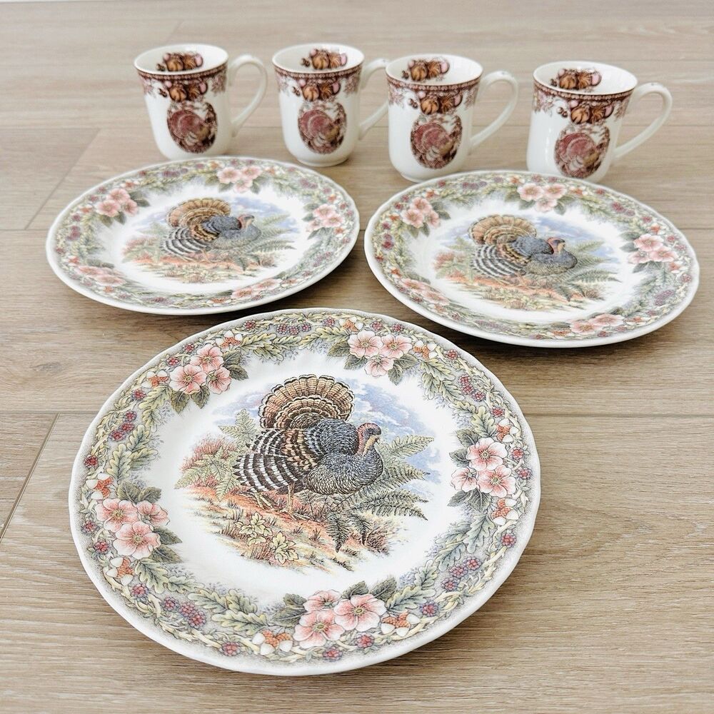 3 Myott Queen's Thanksgiving Transferware Turkey Dinner Plates 10" Mugs Johnson